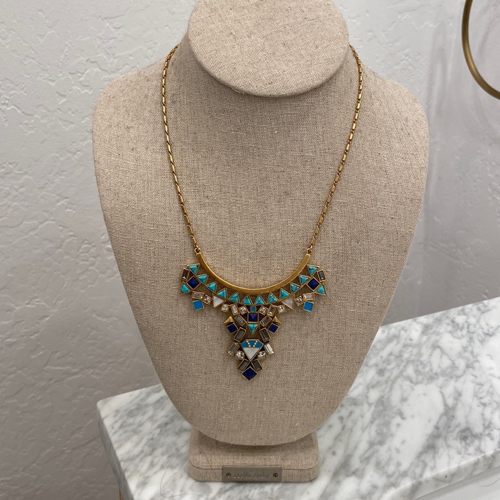 Stella & Dot Blue Stone/turquoise Tile, 2 in 1 matte gold necklace